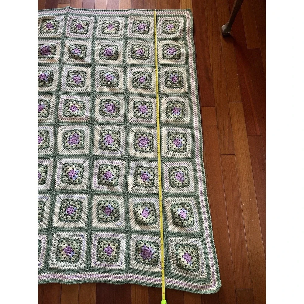 Vintage Handmade Crochet Green Cream Purple Afghan Throw Granny Square Blanket